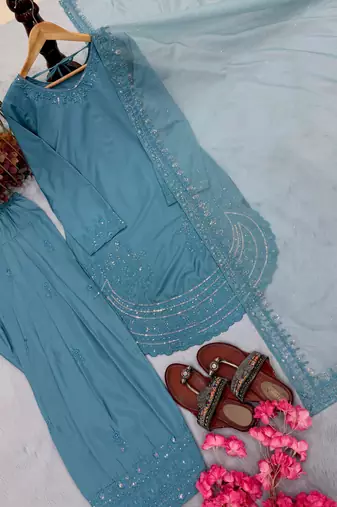 Blue crepe readymade suit with embroidery & sequence work