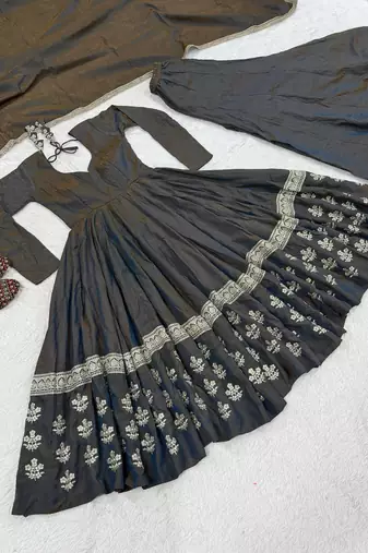 Charcoal black embroidered anarkali kurta with palazzo pants and dupatta