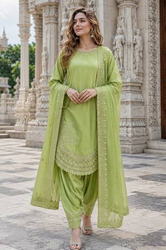 Green crepe readymade suit with embroidery & sequence work