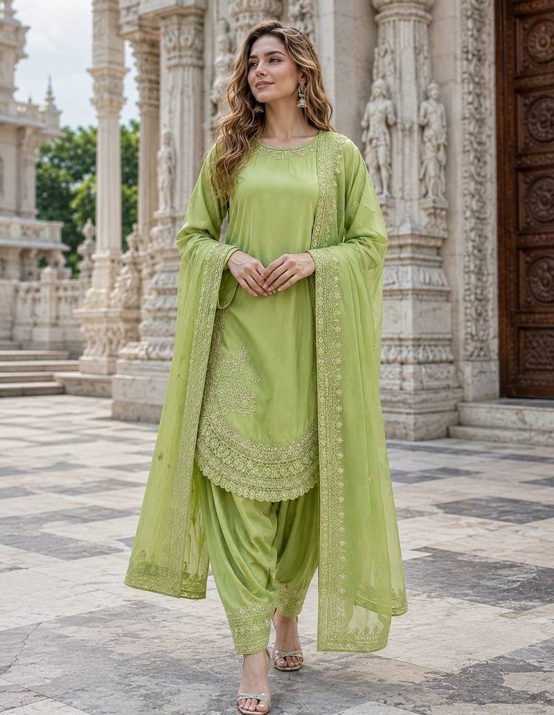 Green crepe readymade suit with embroidery & sequence work