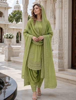Green crepe readymade suit with embroidery & sequence work 2