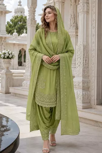 Green crepe readymade suit with embroidery & sequence work
