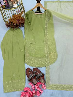 Green crepe readymade suit with embroidery & sequence work 3