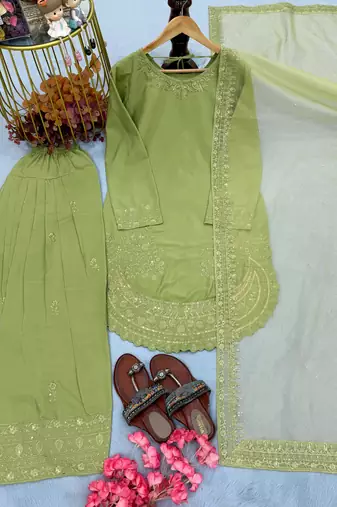 Green crepe readymade suit with embroidery & sequence work