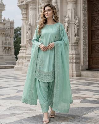 Sky crepe readymade suit with embroidery & sequence work 1