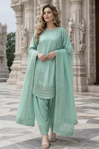 Sky crepe readymade suit with embroidery & sequence work