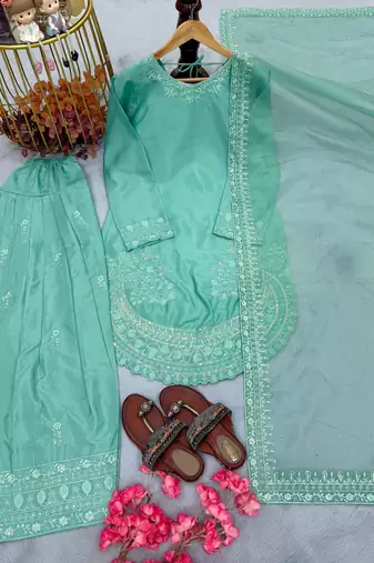 Sky crepe readymade suit with embroidery & sequence work
