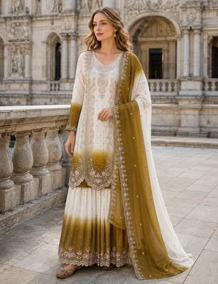 Brown&white georgette readymade suit with embroidery & thread work 1