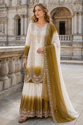 Brown&white georgette readymade suit with embroidery & thread work