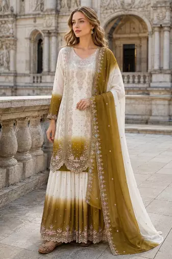 Brown&white georgette readymade suit with embroidery & thread work