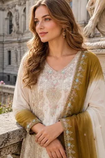 Brown&white georgette readymade suit with embroidery & thread work