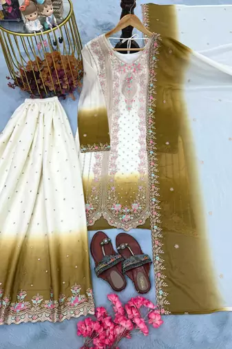 Brown&white georgette readymade suit with embroidery & thread work