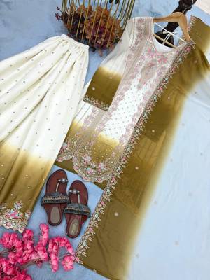 Brown&white georgette readymade suit with embroidery & thread work 4