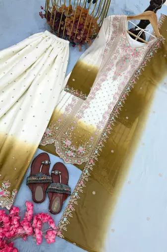 Brown&white georgette readymade suit with embroidery & thread work