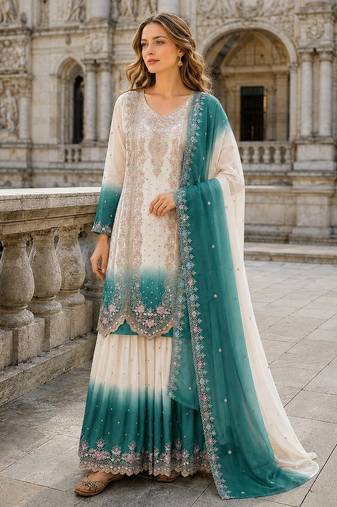Blue&white georgette readymade suit with embroidery & thread work