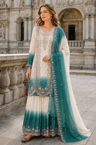 Blue&white georgette readymade suit with embroidery & thread work