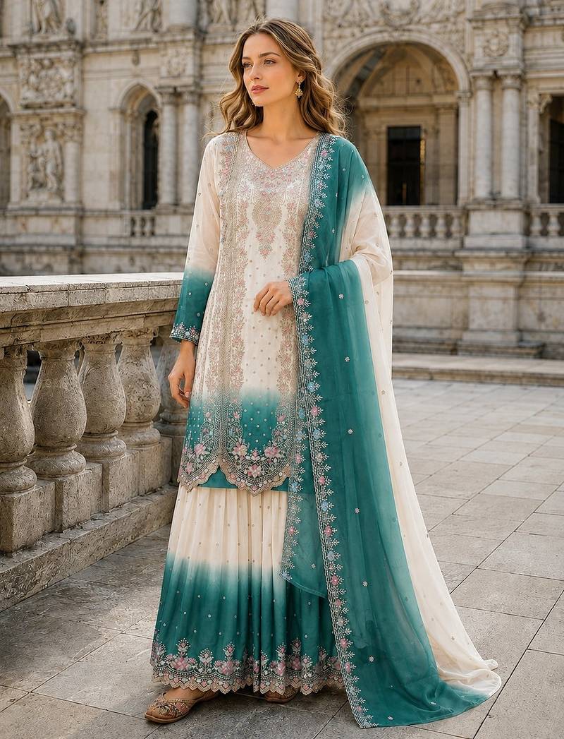Blue&white georgette readymade suit with embroidery & thread work