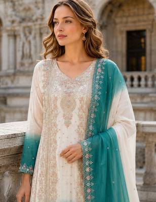 Blue&white georgette readymade suit with embroidery & thread work 2