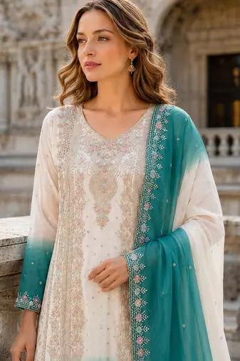 Blue&white georgette readymade suit with embroidery & thread work