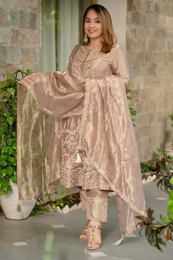 Beige embroidered silk salwar suit with matching dupatta