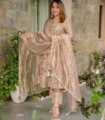 Beige embroidered silk salwar suit with matching dupatta