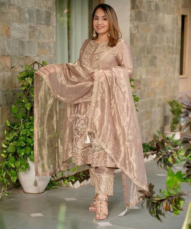 Beige embroidered silk salwar suit with matching dupatta