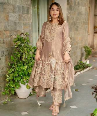Beige embroidered silk salwar suit with matching dupatta 2