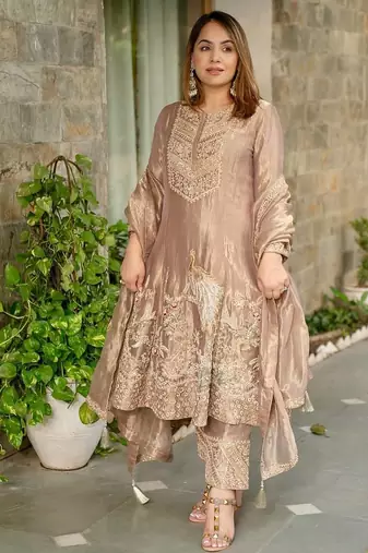 Beige embroidered silk salwar suit with matching dupatta