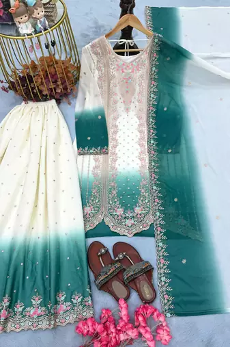 Blue&white georgette readymade suit with embroidery & thread work