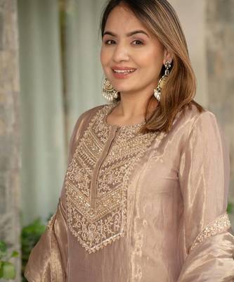 Beige embroidered silk salwar suit with matching dupatta 3