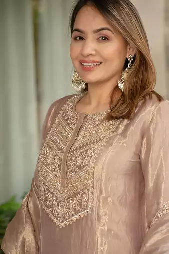 Beige embroidered silk salwar suit with matching dupatta