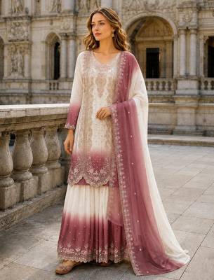 Pink&white georgette readymade suit with embroidery & thread work 1