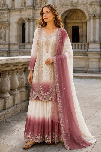 Pink&white georgette readymade suit with embroidery & thread work