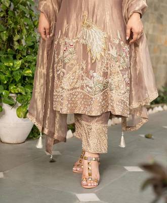 Beige embroidered silk salwar suit with matching dupatta 4