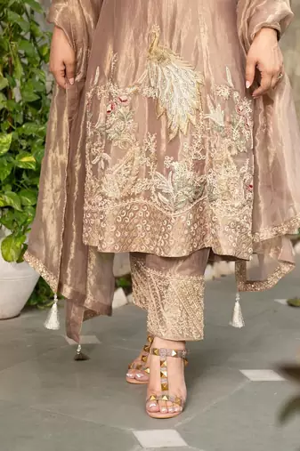 Beige embroidered silk salwar suit with matching dupatta