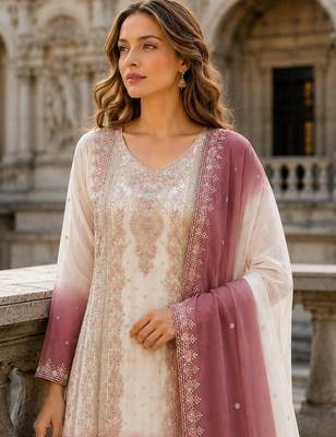 Pink&white georgette readymade suit with embroidery & thread work 2