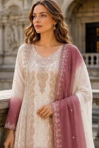 Pink&white georgette readymade suit with embroidery & thread work