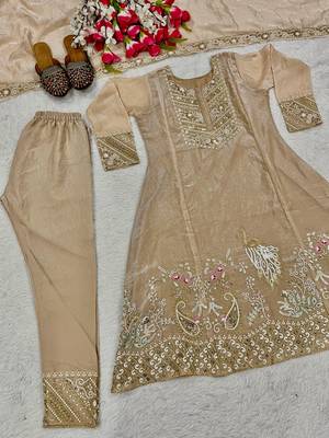 Beige embroidered silk salwar suit with matching dupatta 5
