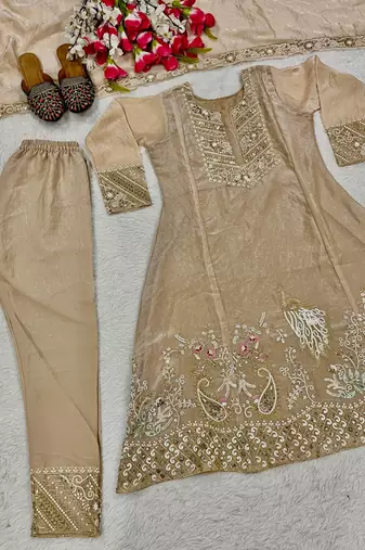 Beige embroidered silk salwar suit with matching dupatta