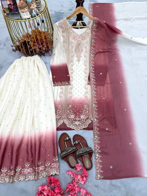Pink&white georgette readymade suit with embroidery & thread work 3
