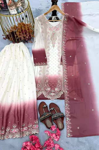 Pink&white georgette readymade suit with embroidery & thread work