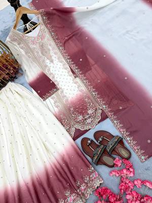 Pink&white georgette readymade suit with embroidery & thread work 4