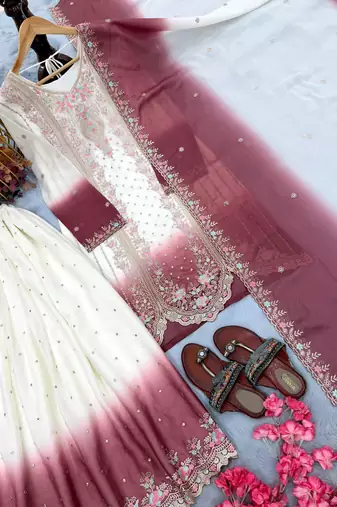 Pink&white georgette readymade suit with embroidery & thread work