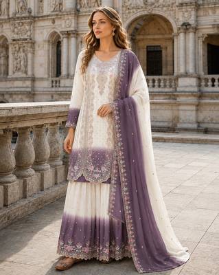 Lavender&white georgette readymade suit with embroidery & thread work 1