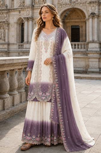 Lavender&white georgette readymade suit with embroidery & thread work