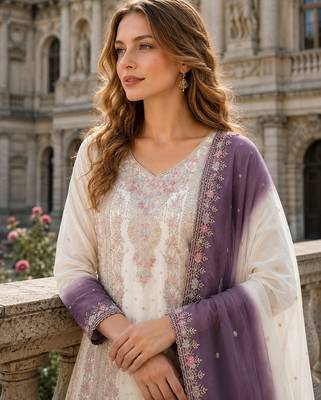 Lavender&white georgette readymade suit with embroidery & thread work 2