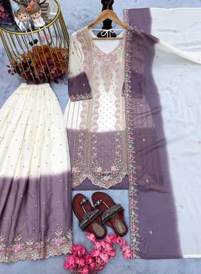 Lavender&white georgette readymade suit with embroidery & thread work 3