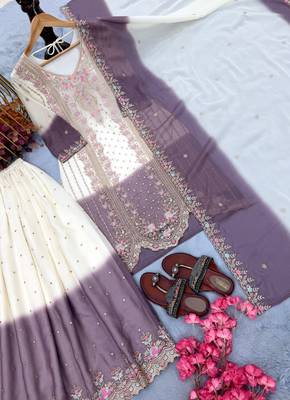 Lavender&white georgette readymade suit with embroidery & thread work 4