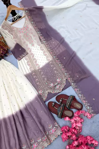 Lavender&white georgette readymade suit with embroidery & thread work