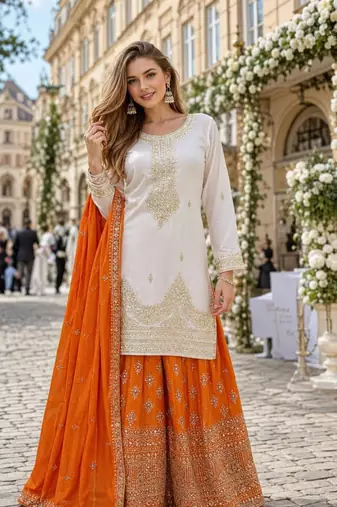 Orange silk blend readymade suit with embroidery & sequence work